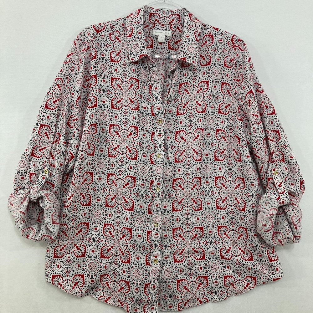 Charter Club size XL Red Black Geometric Artsy Print 100% Linen Button Up Office